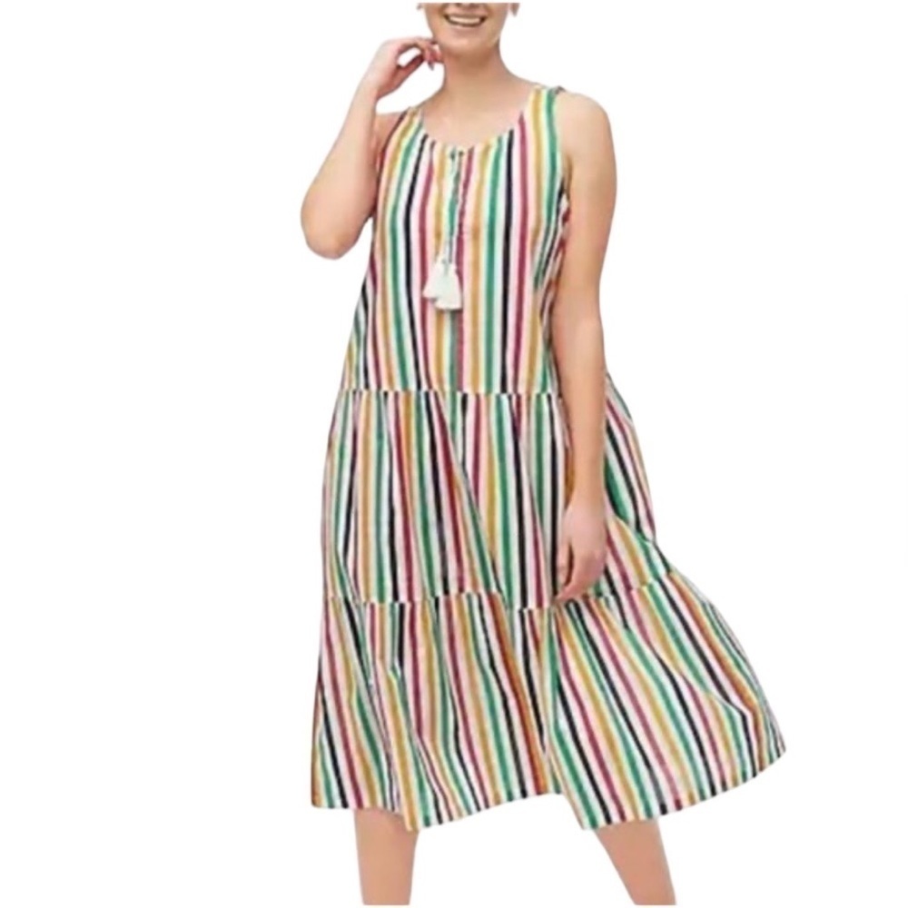 J.Crew Striped Tiered Midi Cover-up/Dress Rainbow Multi Color Size M New